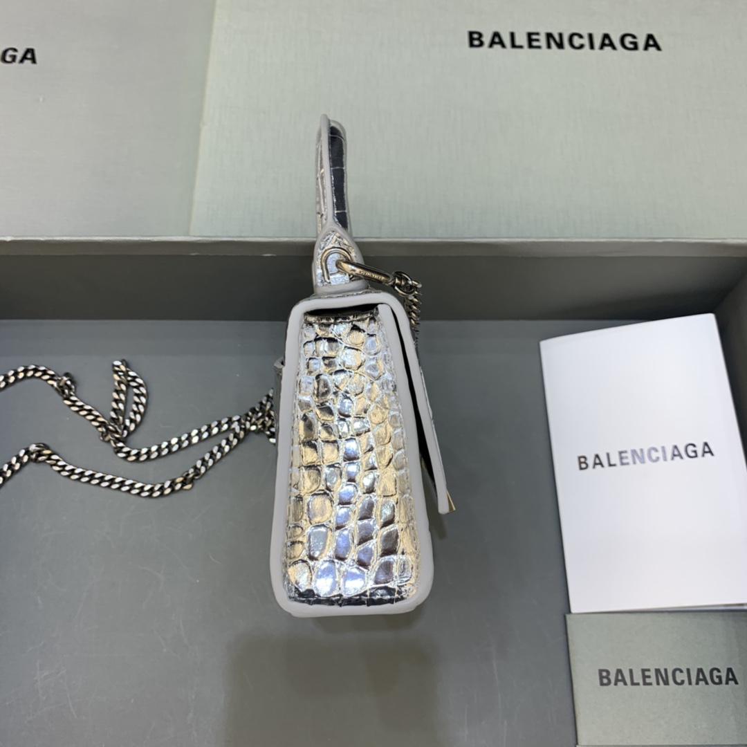 Balenciaga Hourglass Mini Handbag With Chain Crocodile Embossed Shoulder Bag Silver